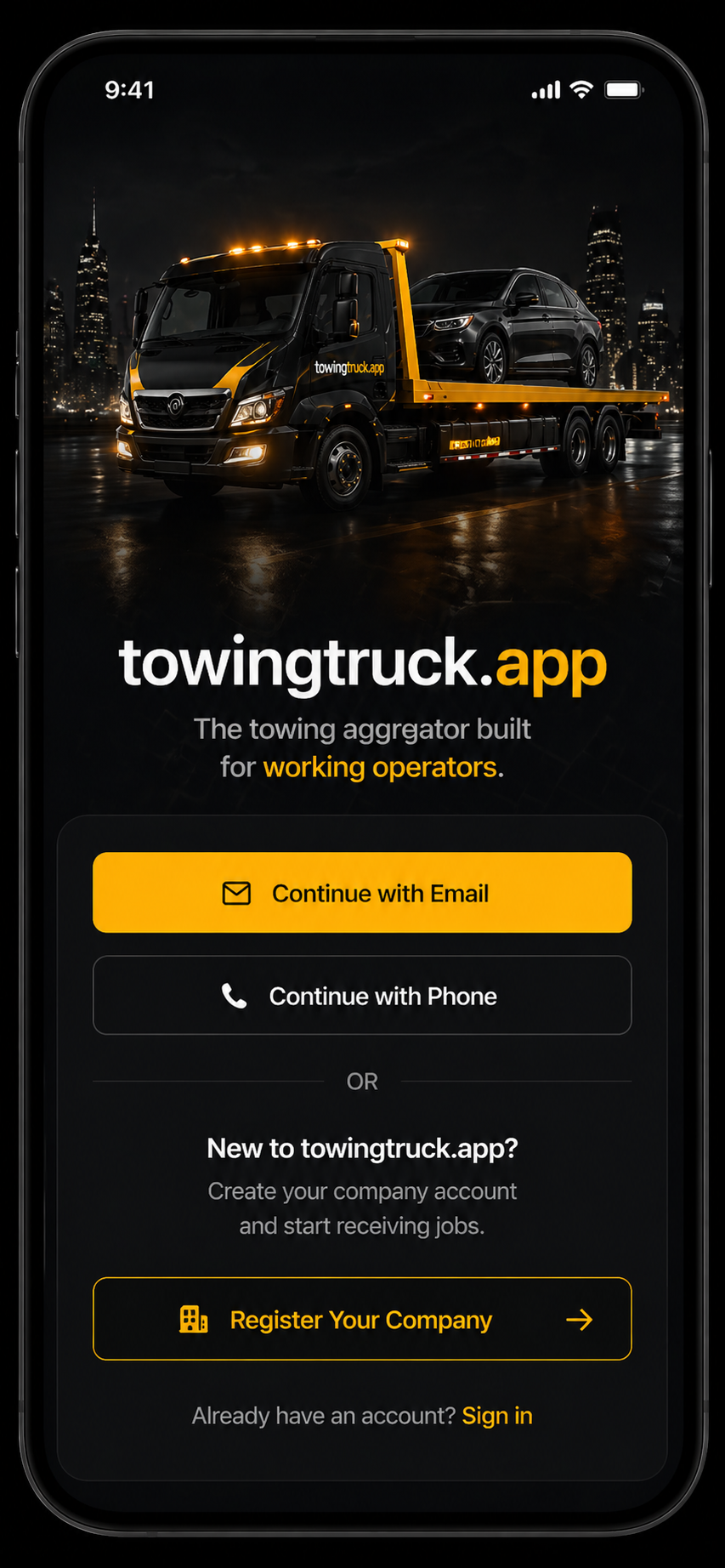 towingtruck.app mobile welcome screen
