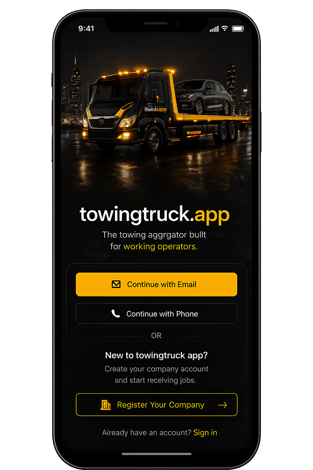 towingtruck.app mobile welcome screen